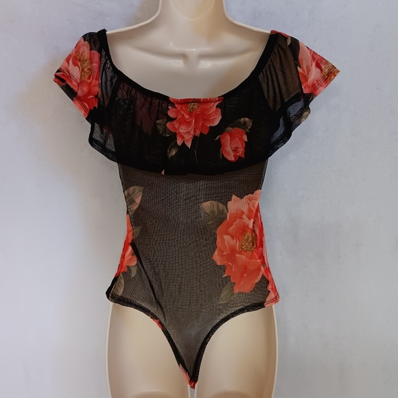 Love Republic Sheer BodySuit Small Floral Black Pink Snap Crotch - Picture 3 of 6